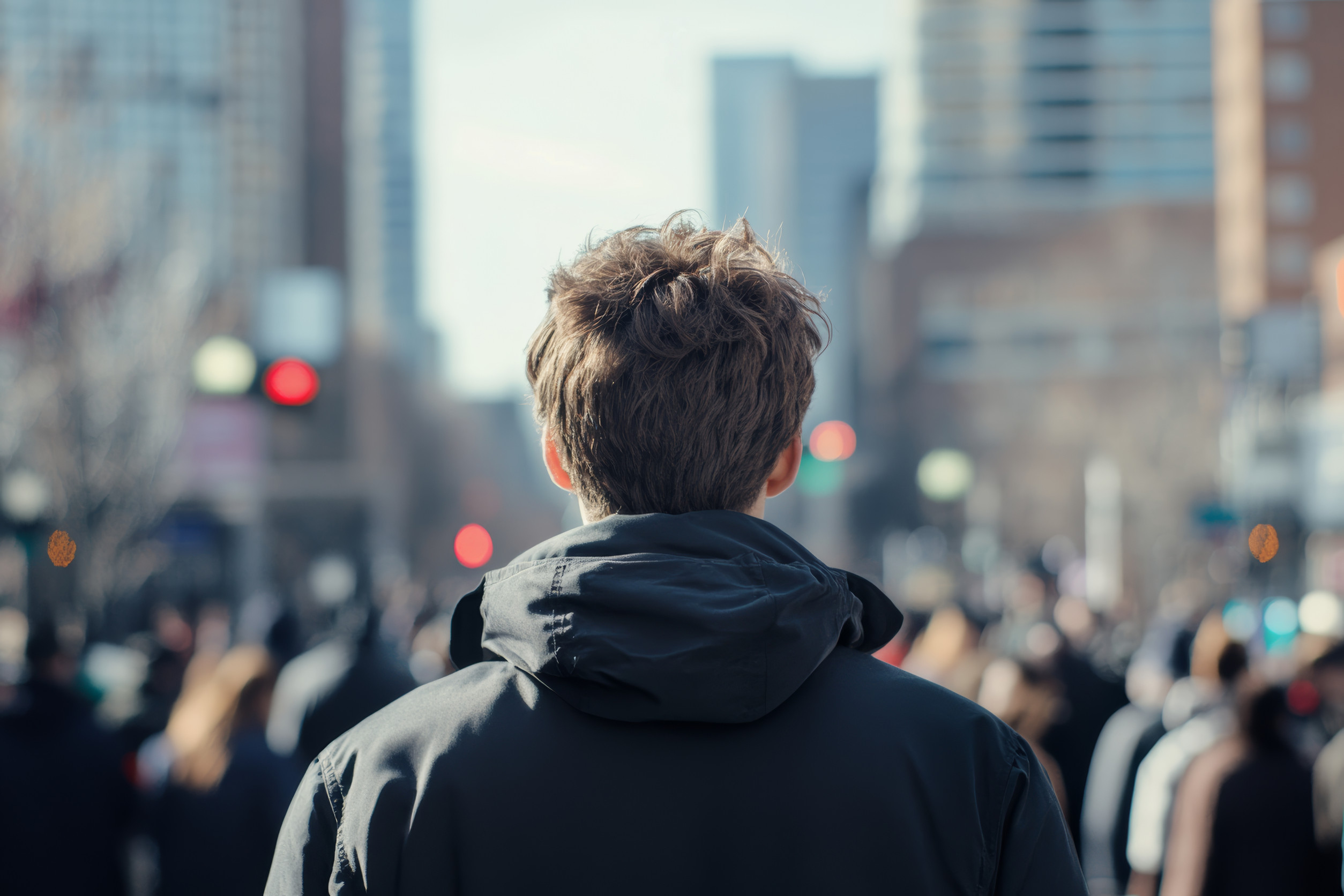 A teenager wearing a hooded jacket is standing in a busy city street, looking ahead.