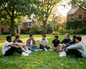 Young men sitting in a group discussion outdoors at a faith-based residential program, fostering lasting personal growth and change.