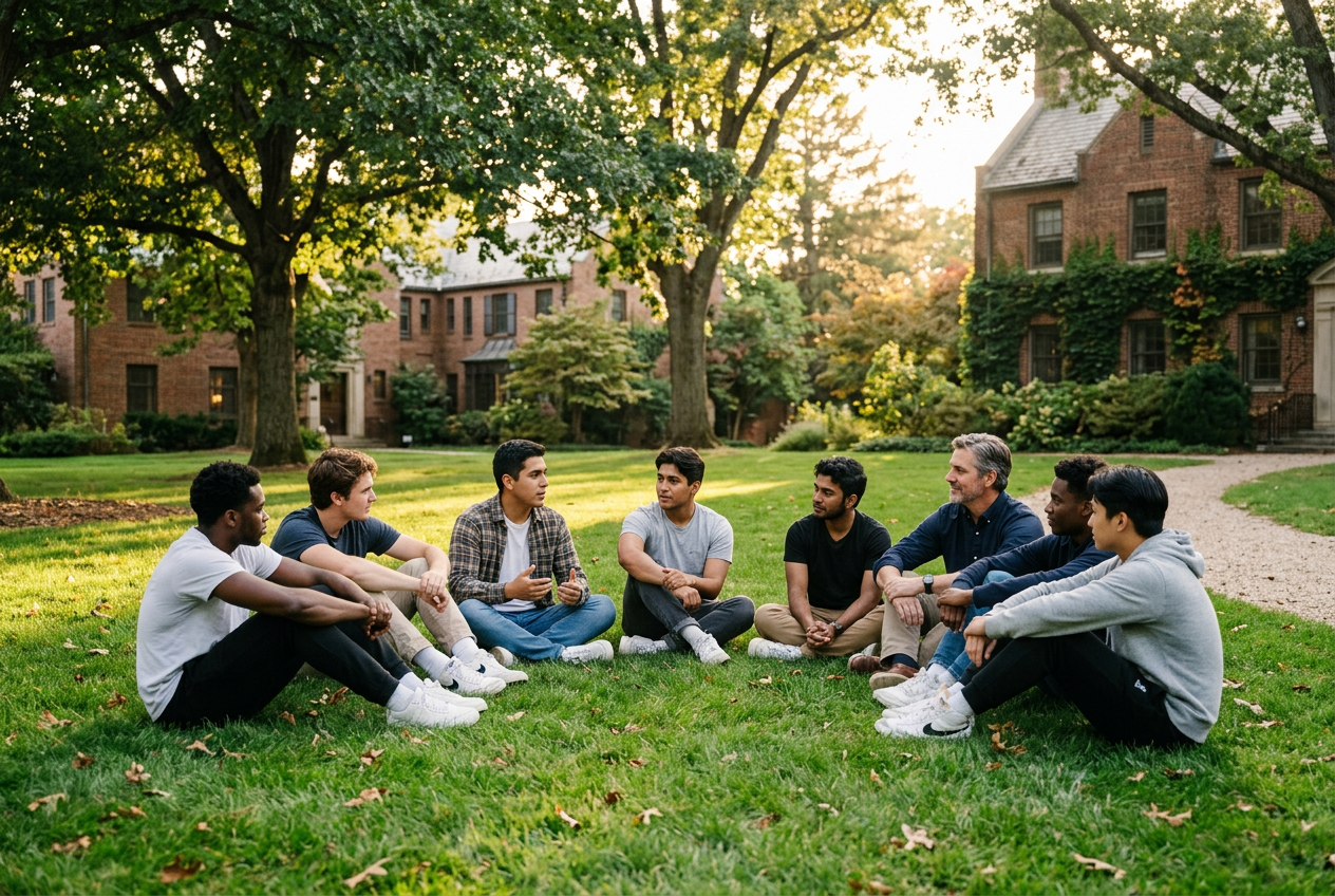 Young men sitting in a group discussion outdoors at a faith-based residential program, fostering lasting personal growth and change.