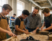 Young men learning hands-on woodworking and trade skills in a Georgia workshop with an encouraging Christian mentor.