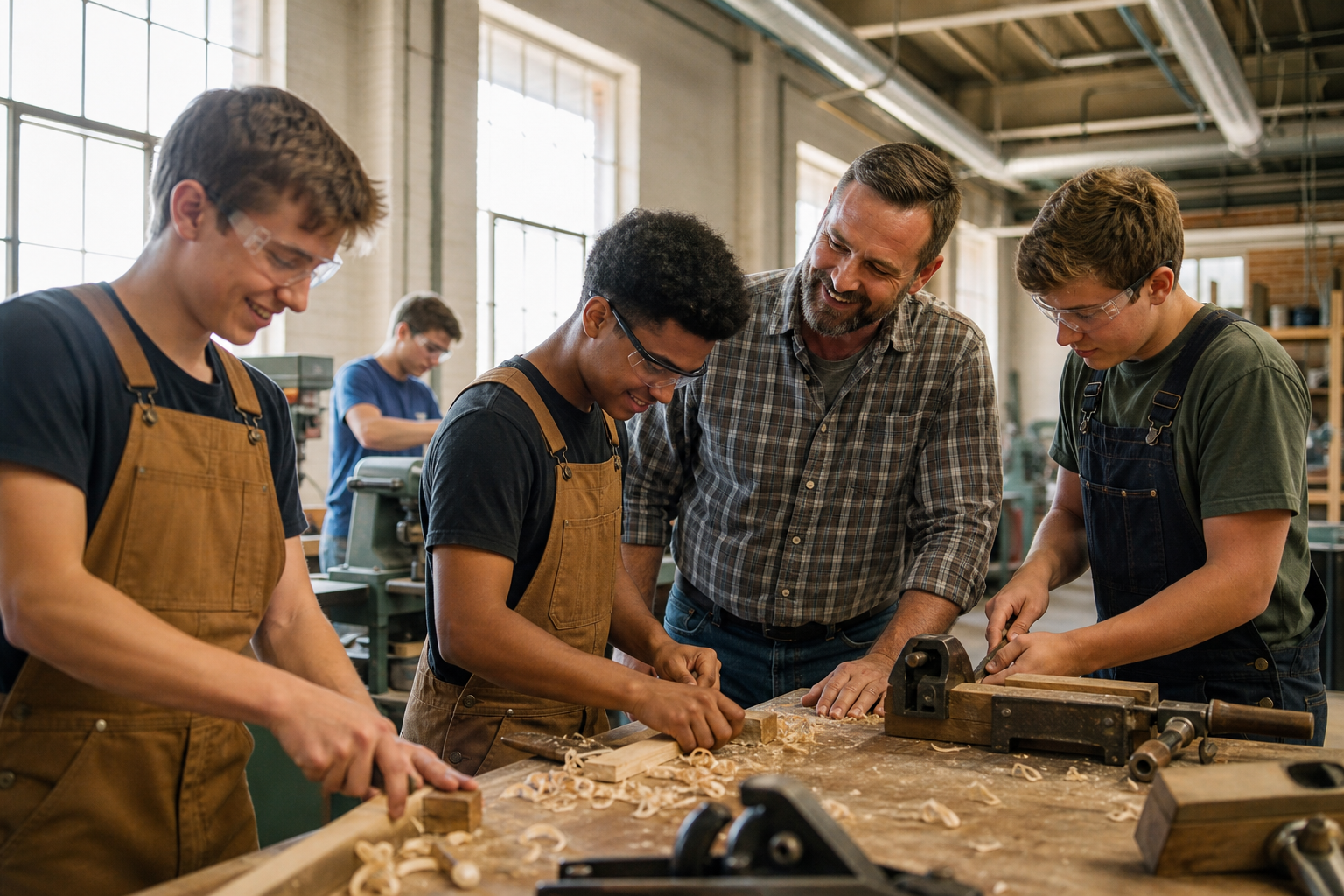 Young men learning hands-on woodworking and trade skills in a Georgia workshop with an encouraging Christian mentor.